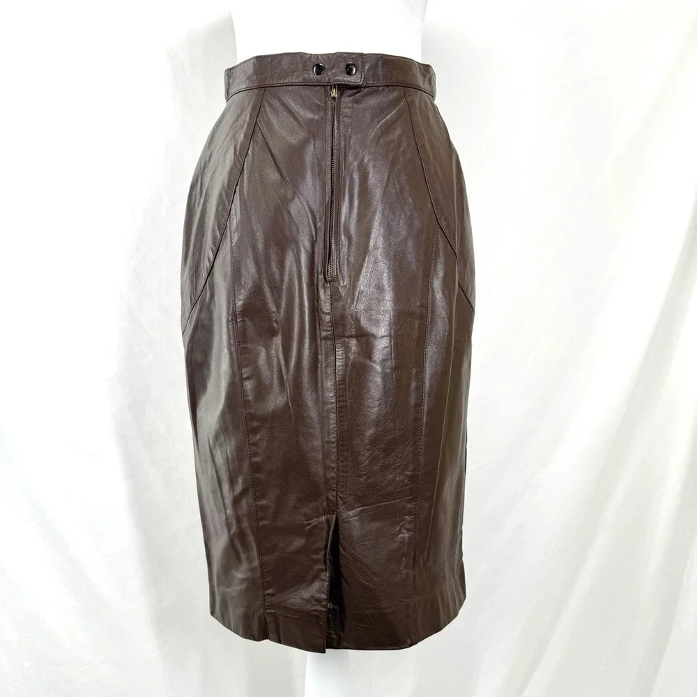 Vtg 90s Minimalist Brown Leather Pencil Skirt XS Office Career Corporate Chic
